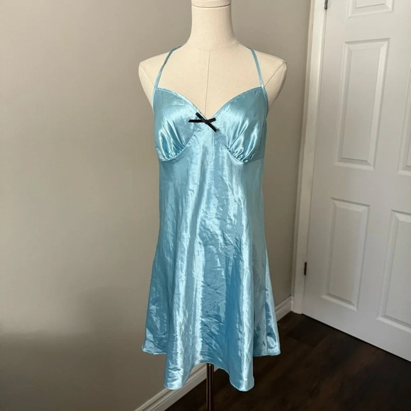 Lolita baby blue satin ribbon slip dress with black lace M coquette - Picture 2 of 6